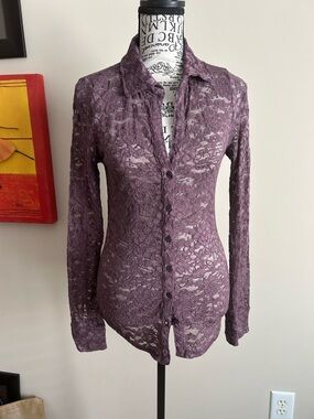 Moda International Lace Button-Down Shirt - Purple